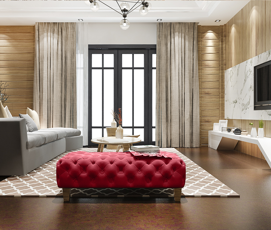 Imagen de un moderno salón con un asiento en primer plano.